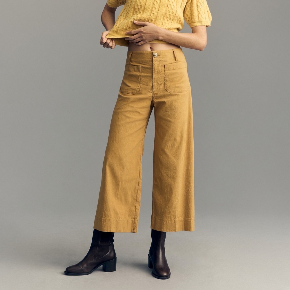 Maeve The Colette Crop Wide Leg Pants Tan Beige Linen Blend Size 26 Stretch
